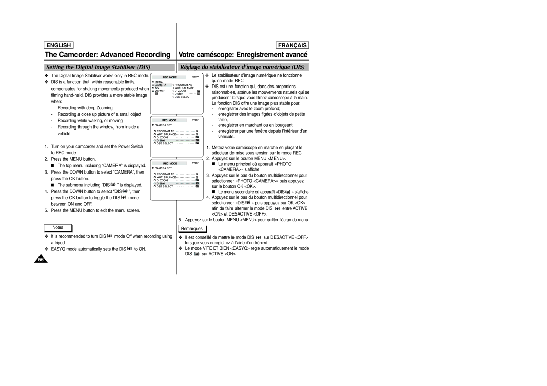 Samsung SCD6050/D6040 manual Setting the Digital Image Stabiliser DIS, Réglage du stabilisateur d’image numérique DIS 