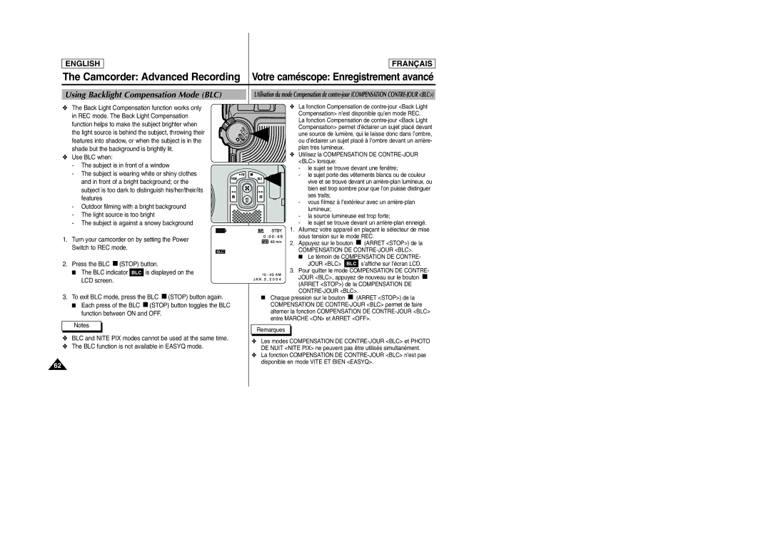 Samsung SCD6050/D6040 manual Using Backlight Compensation Mode BLC, Compensation DE CONTRE-JOUR BLC 