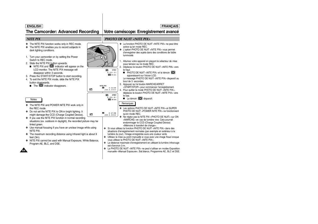 Samsung SCD6050/D6040 manual Nite PIX Photo DE Nuit Nite PIX 