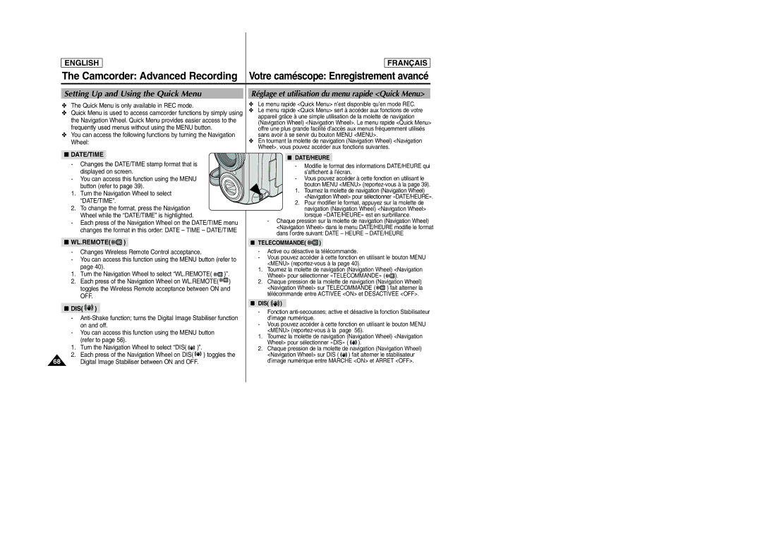 Samsung SCD6050/D6040 Setting Up and Using the Quick Menu, Réglage et utilisation du menu rapide Quick Menu, Off, Dis 