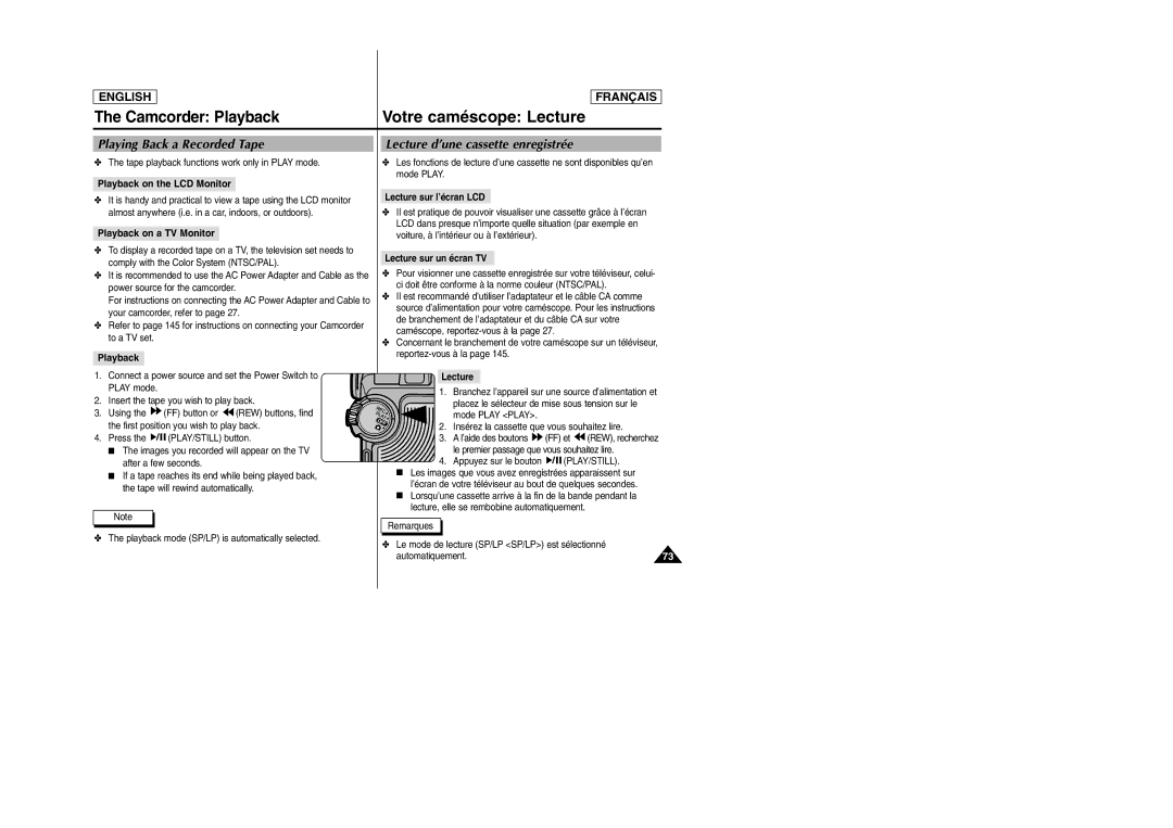 Samsung SCD6050/D6040 manual Camcorder Playback Votre caméscope Lecture, Playing Back a Recorded Tape 