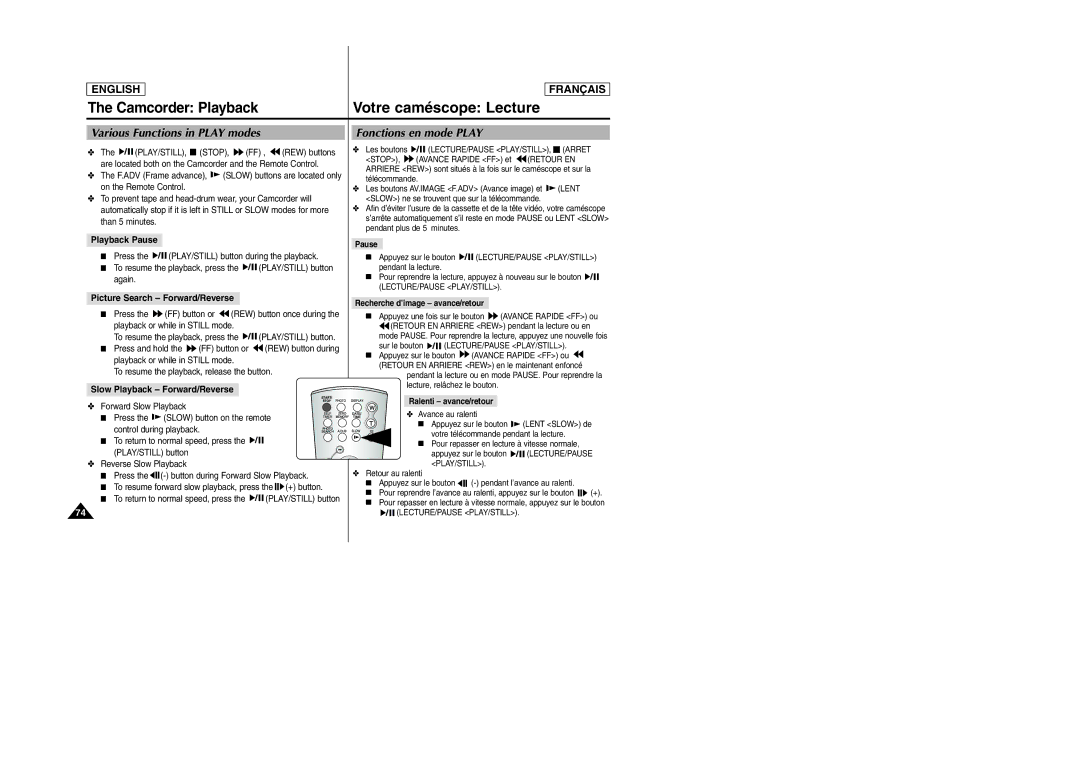 Samsung SCD6050/D6040 manual Various Functions in Play modes, Fonctions en mode Play, Playback Pause 