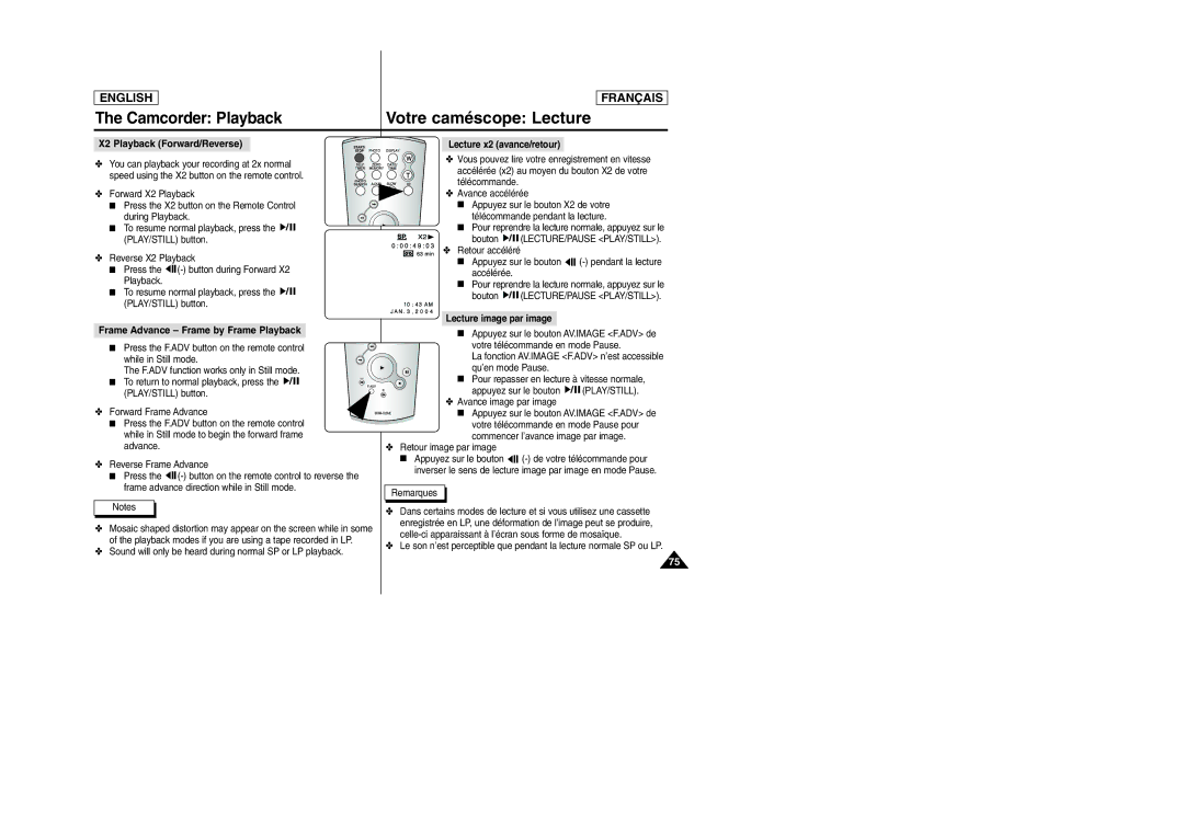 Samsung SCD6050/D6040 manual X2 Playback Forward/Reverse, Lecture x2 avance/retour, Play/Still 