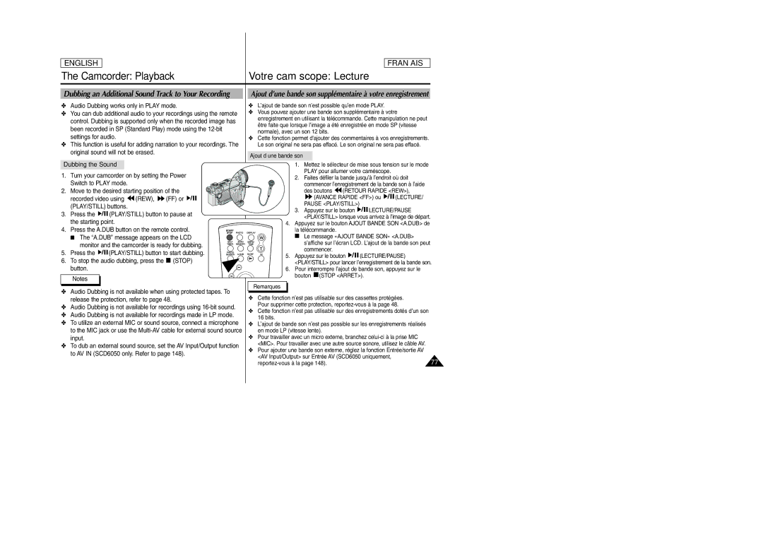 Samsung SCD6050/D6040 manual Dubbing an Additional Sound Track to Your Recording, Dubbing the Sound, Ajout d’une bande son 