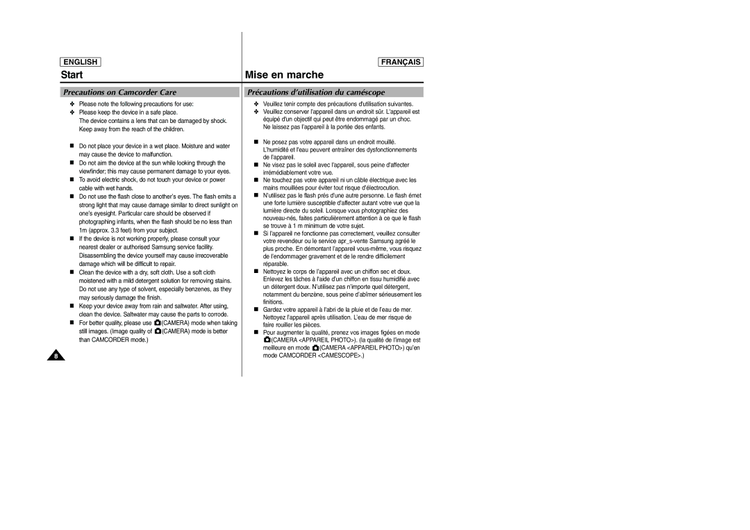 Samsung SCD6050/D6040 manual Precautions on Camcorder Care, Précautions d’utilisation du caméscope 