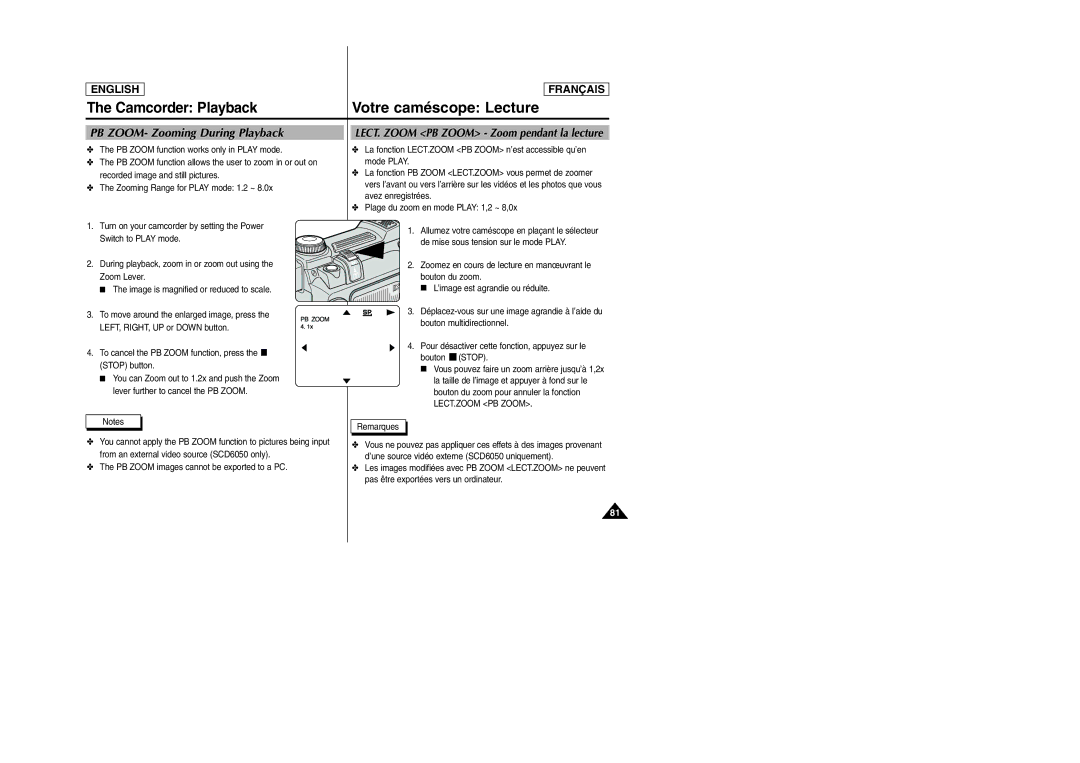 Samsung SCD6050/D6040 manual PB ZOOM- Zooming During Playback, LECT. Zoom PB Zoom Zoom pendant la lecture 