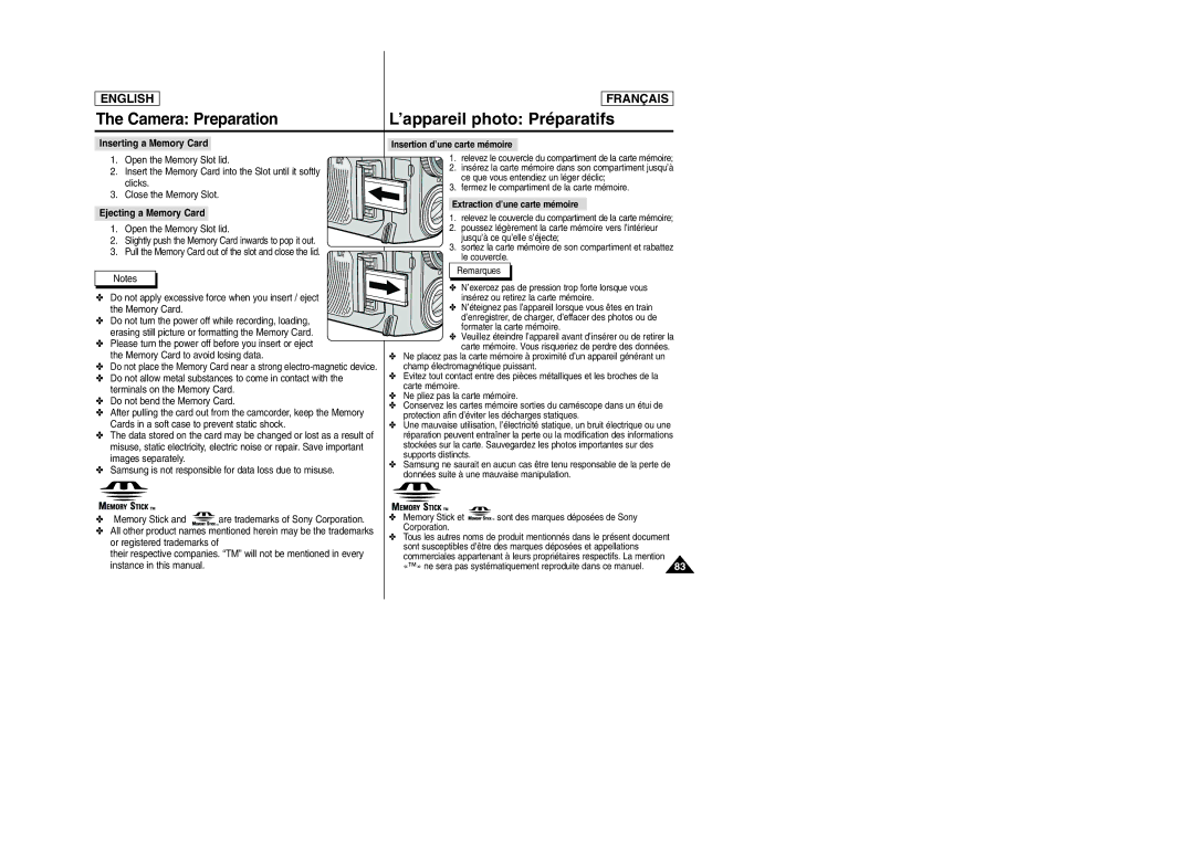 Samsung SCD6050/D6040 Camera Preparation ’appareil photo Préparatifs, Inserting a Memory Card, Ejecting a Memory Card 