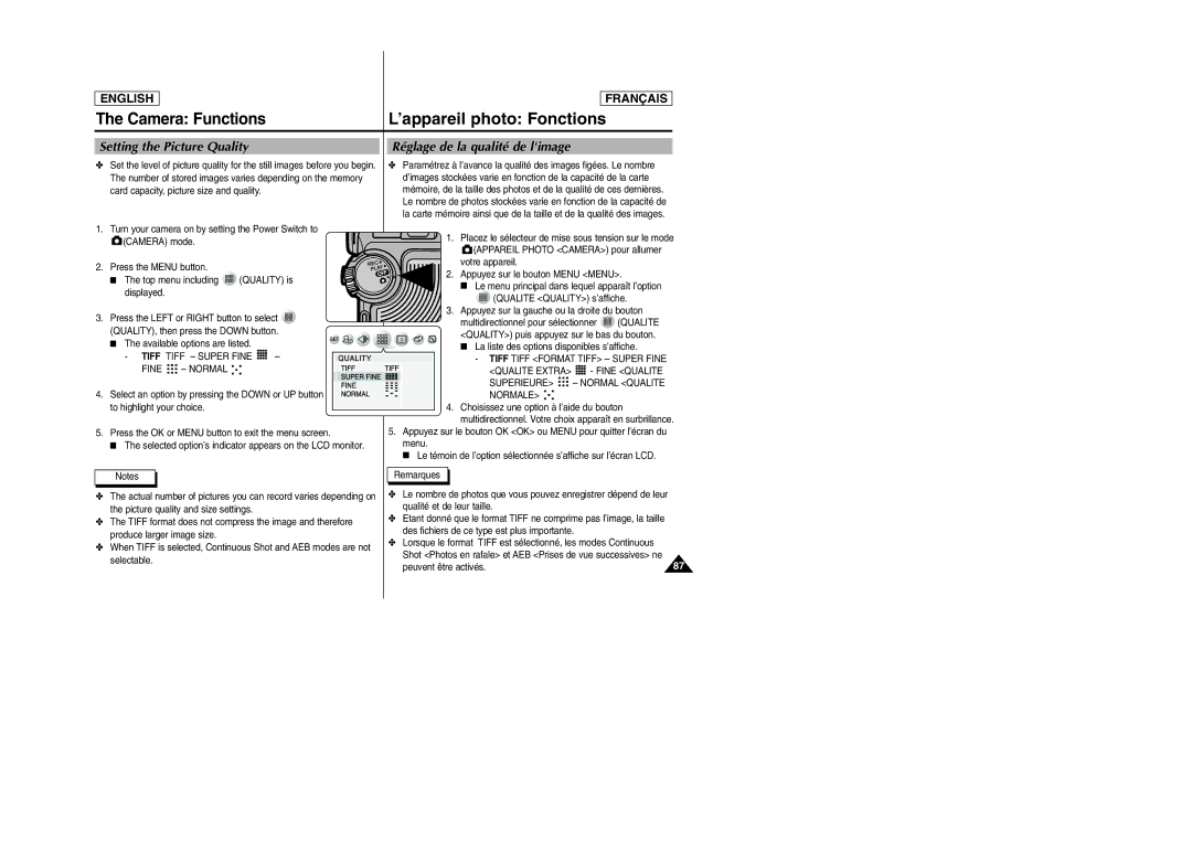 Samsung SCD6050/D6040 manual Setting the Picture Quality, Réglage de la qualité de limage, Tiff Tiff Super Fine 