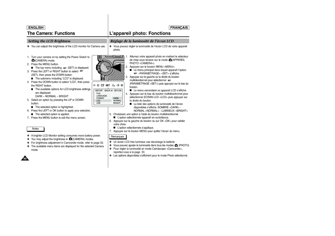 Samsung SCD6050/D6040 manual Camera Functions, Photo, Dark Normal Bright, Normal Normal Lumineux Bright 