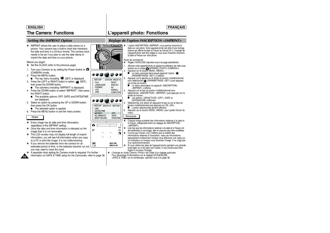 Samsung SCD6050/D6040 manual Imprint allows the user to place a date stamp on a 