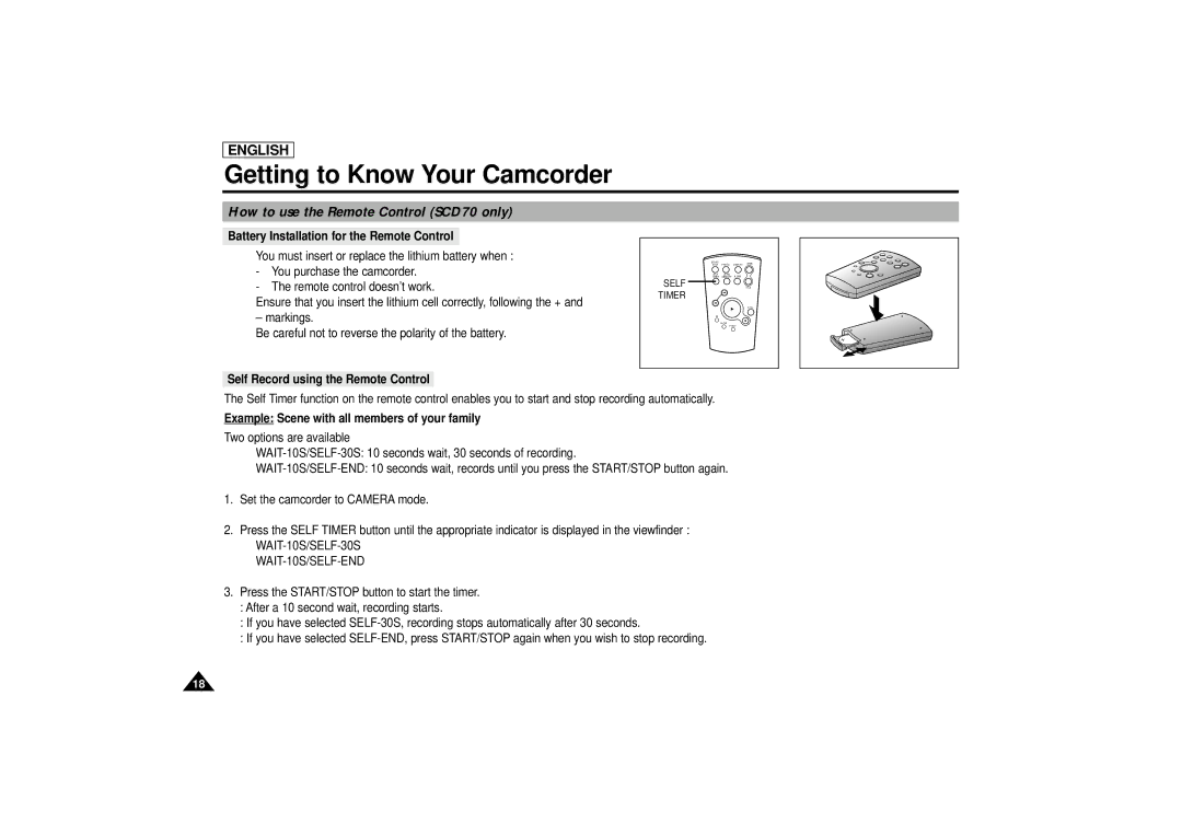 Samsung SCD67/D70 manual Battery Installation for the Remote Control, Self Record using the Remote Control 