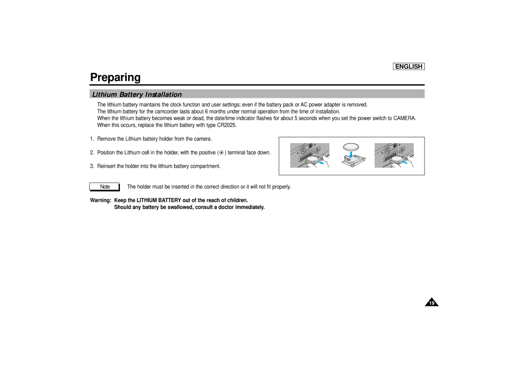 Samsung SCD67/D70 manual Preparing, Lithium Battery Installation 