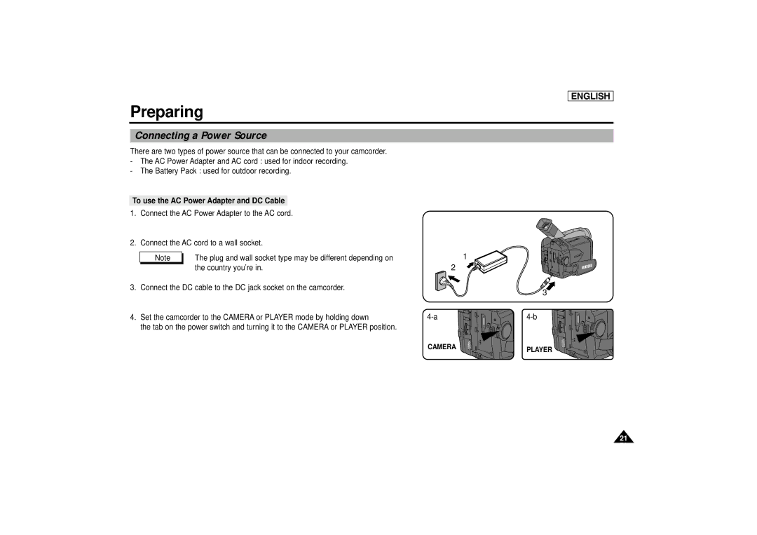 Samsung SCD67/D70 manual Connecting a Power Source, To use the AC Power Adapter and DC Cable 