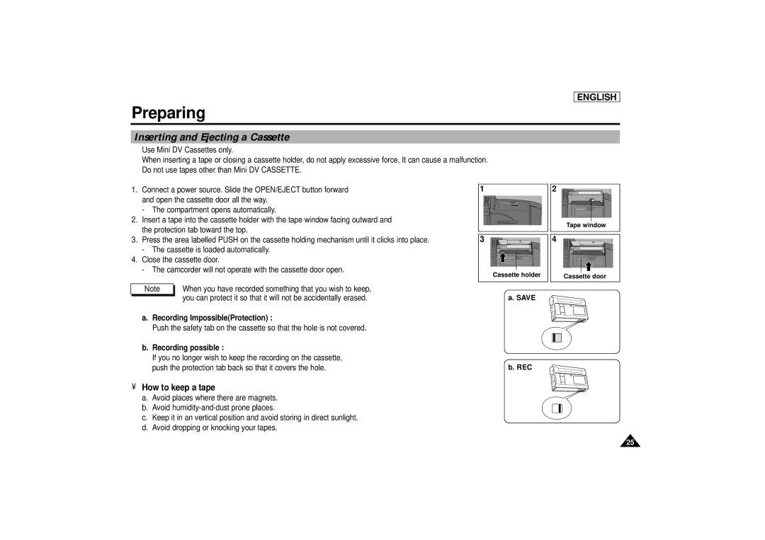 Samsung SCD67/D70 manual Inserting and Ejecting a Cassette, How to keep a tape, Recording ImpossibleProtection, Save REC 