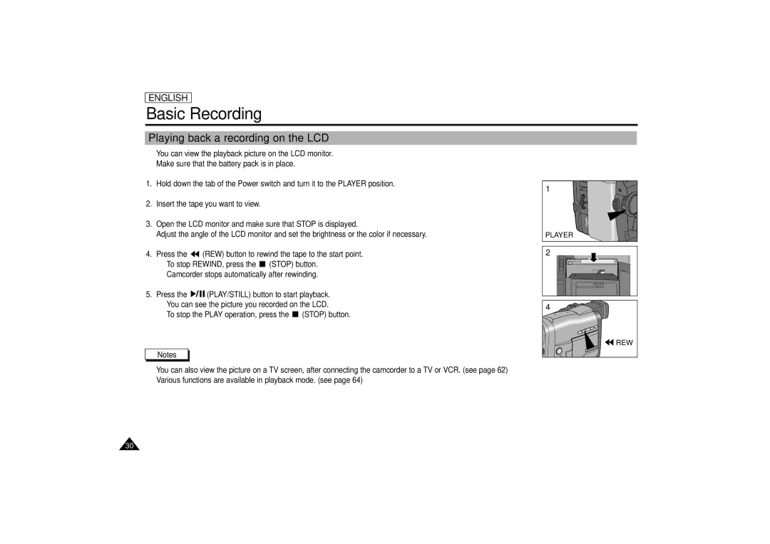 Samsung SCD67/D70 manual Playing back a recording on the LCD, Player 