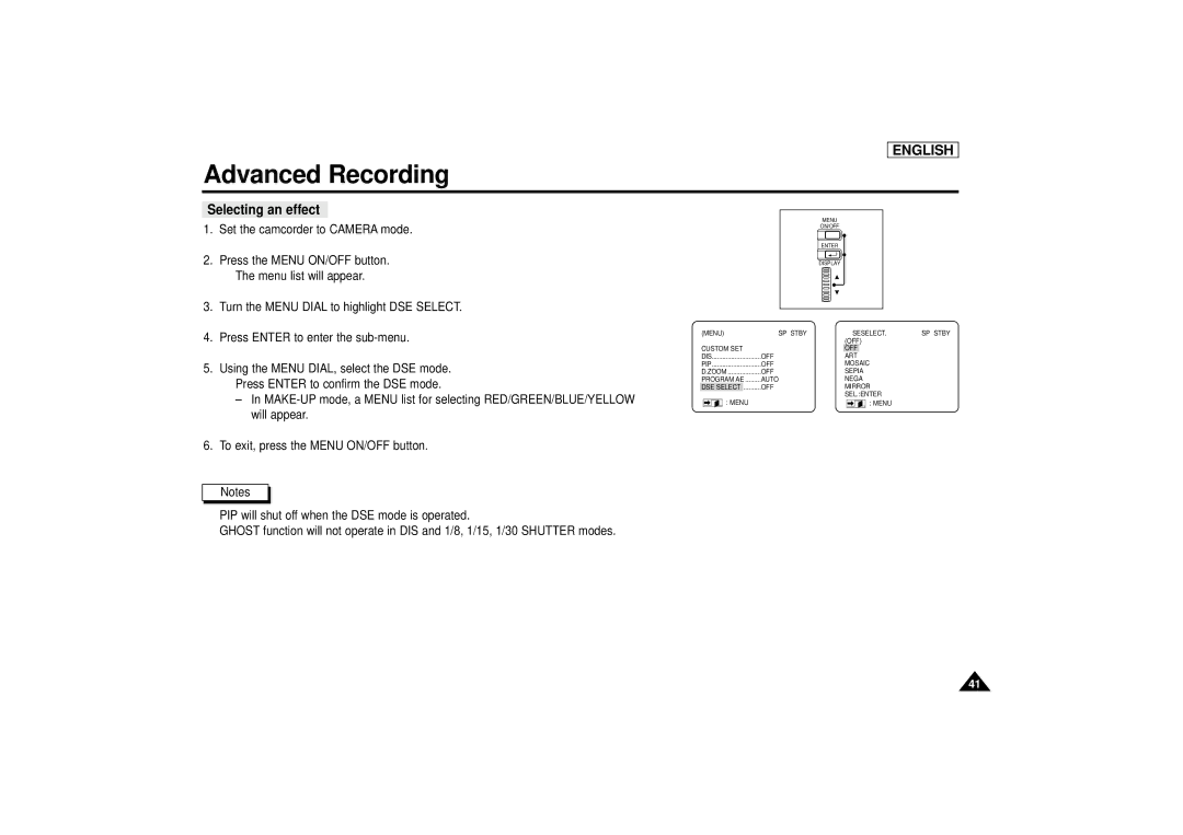 Samsung SCD67/D70 manual Selecting an effect, Will appear 