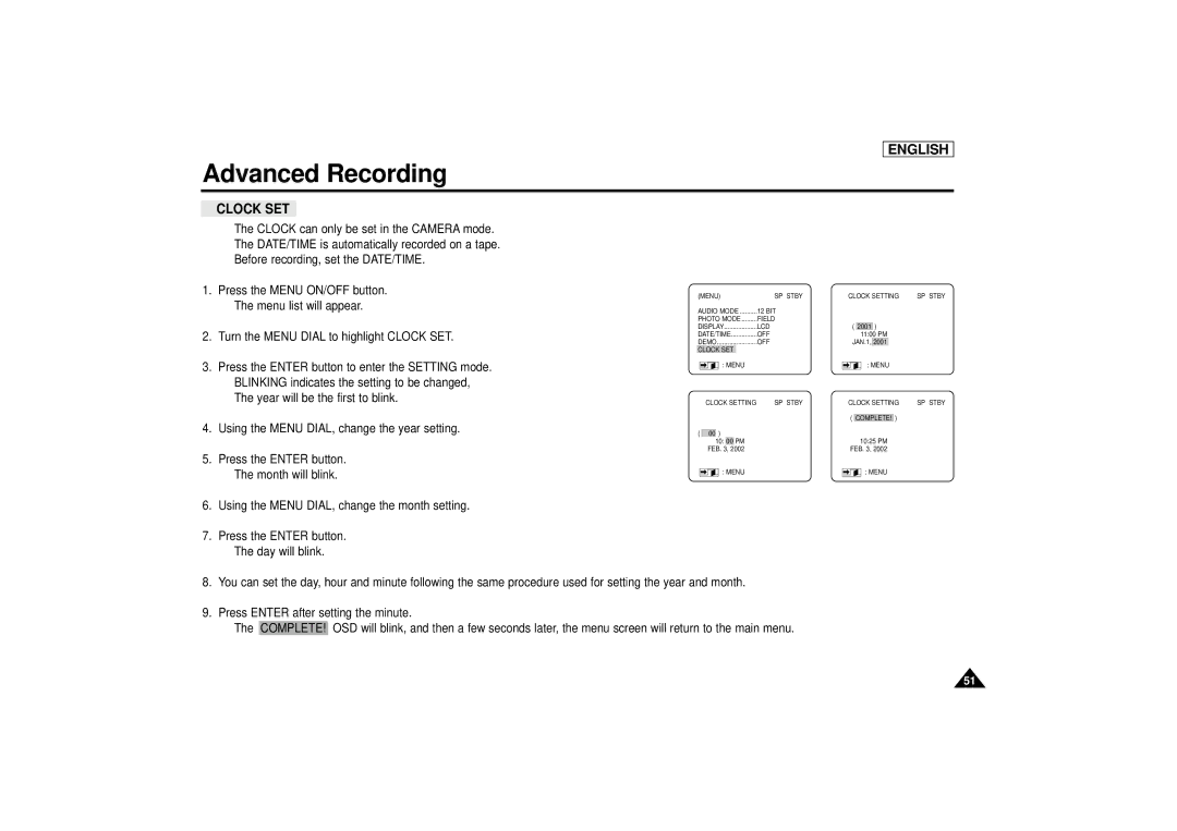 Samsung SCD67/D70 manual Clock SET 