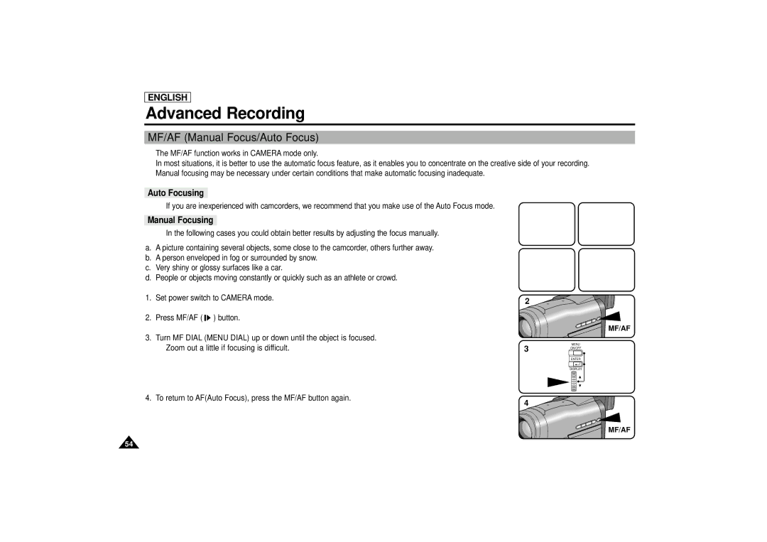 Samsung SCD67/D70 manual MF/AF Manual Focus/Auto Focus, Auto Focusing, Manual Focusing, Mf/Af 