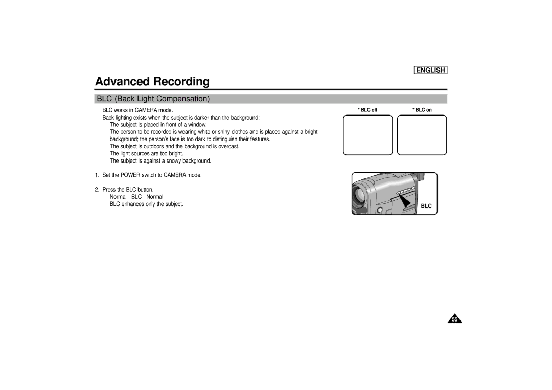 Samsung SCD67/D70 manual BLC Back Light Compensation, BLC works in Camera mode, Blc 