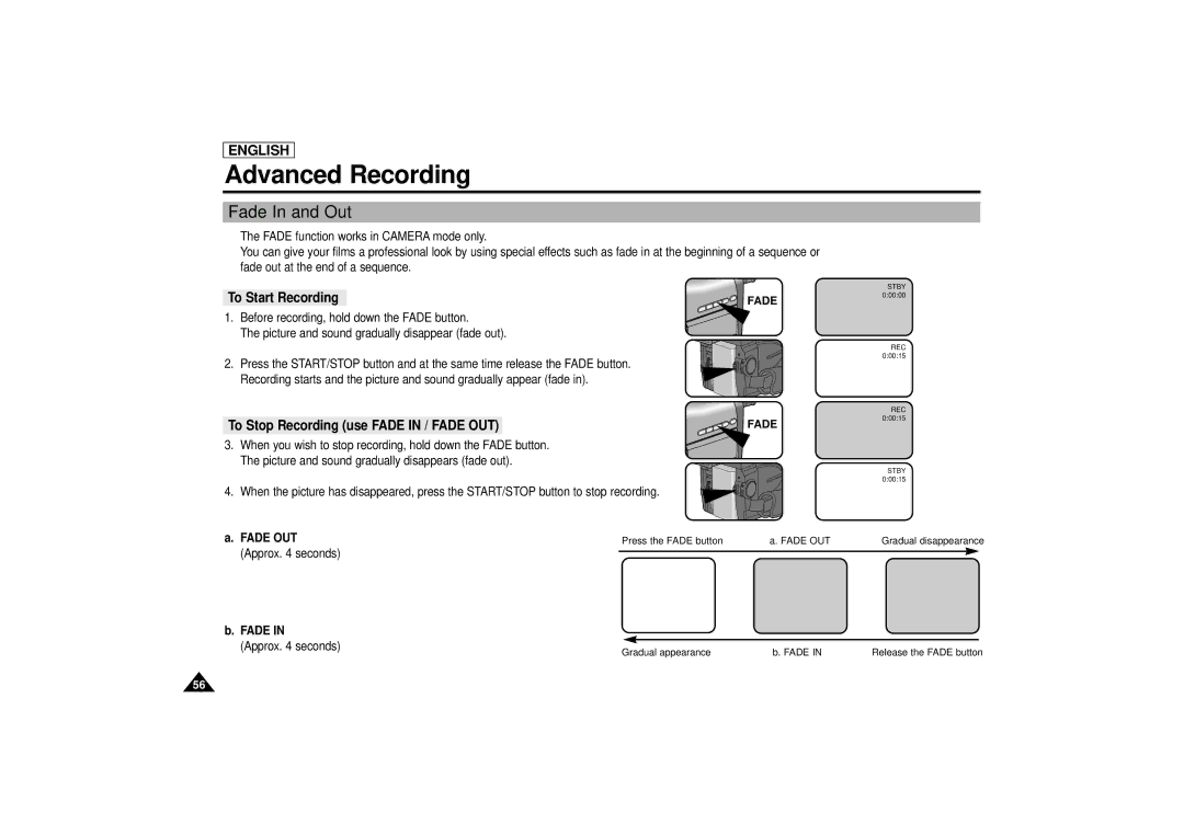 Samsung SCD67/D70 manual Fade In and Out, To Start Recording, To Stop Recording use Fade in / Fade OUT 