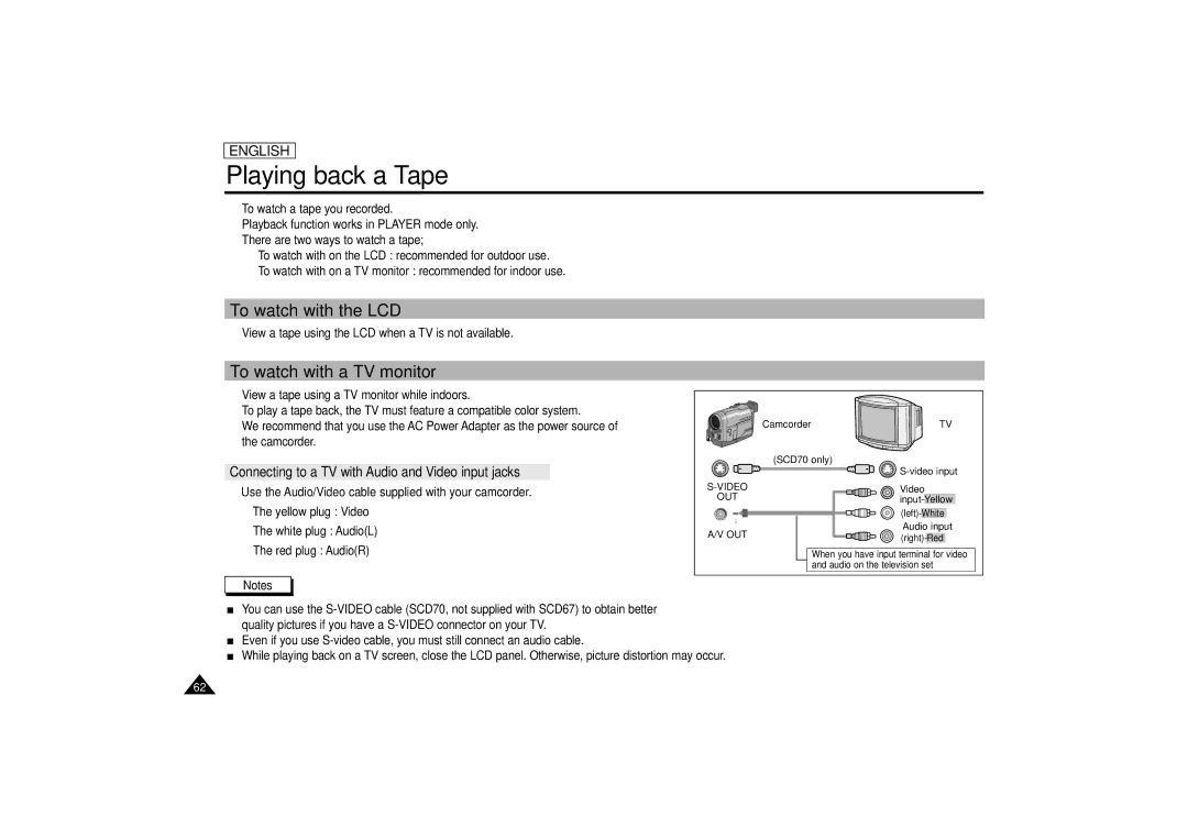 Samsung SCD67/D70 manual Playing back a Tape, To watch with the LCD, To watch with a TV monitor 
