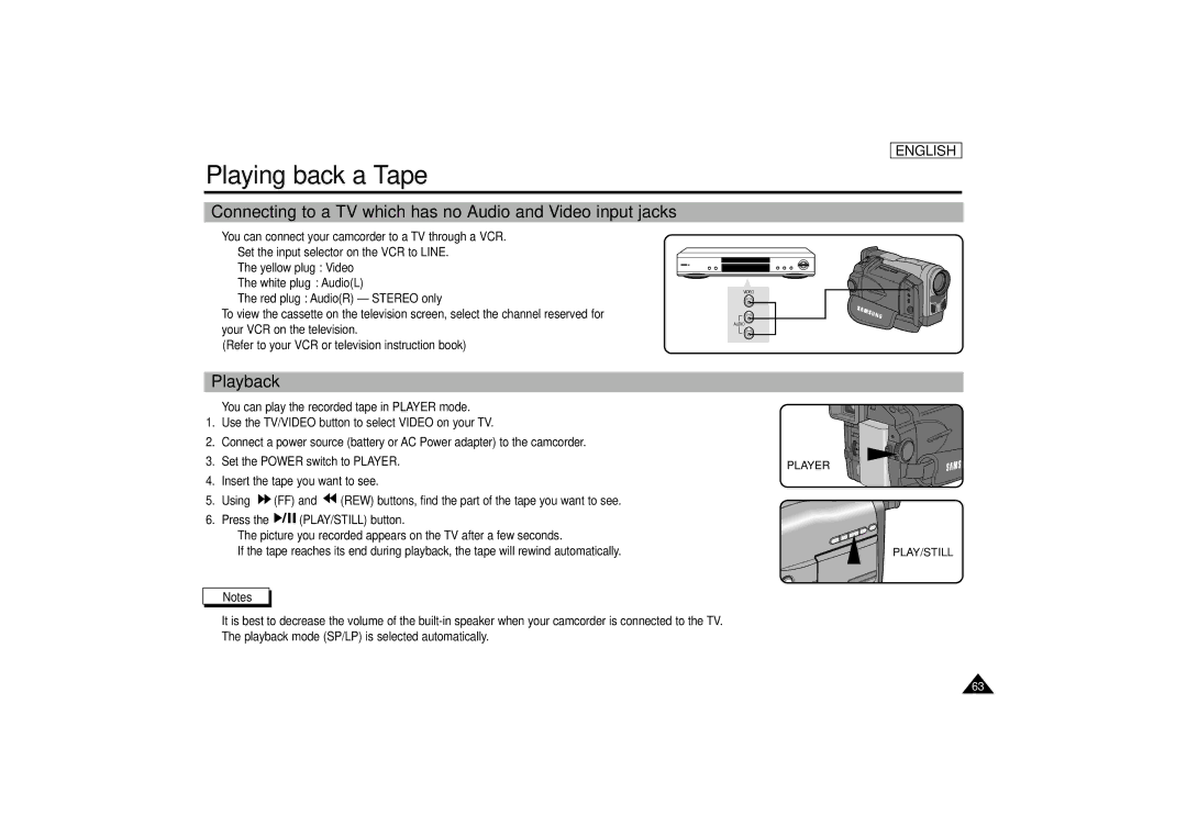 Samsung SCD67/D70 manual Connecting to a TV which has no Audio and Video input jacks, Playback 