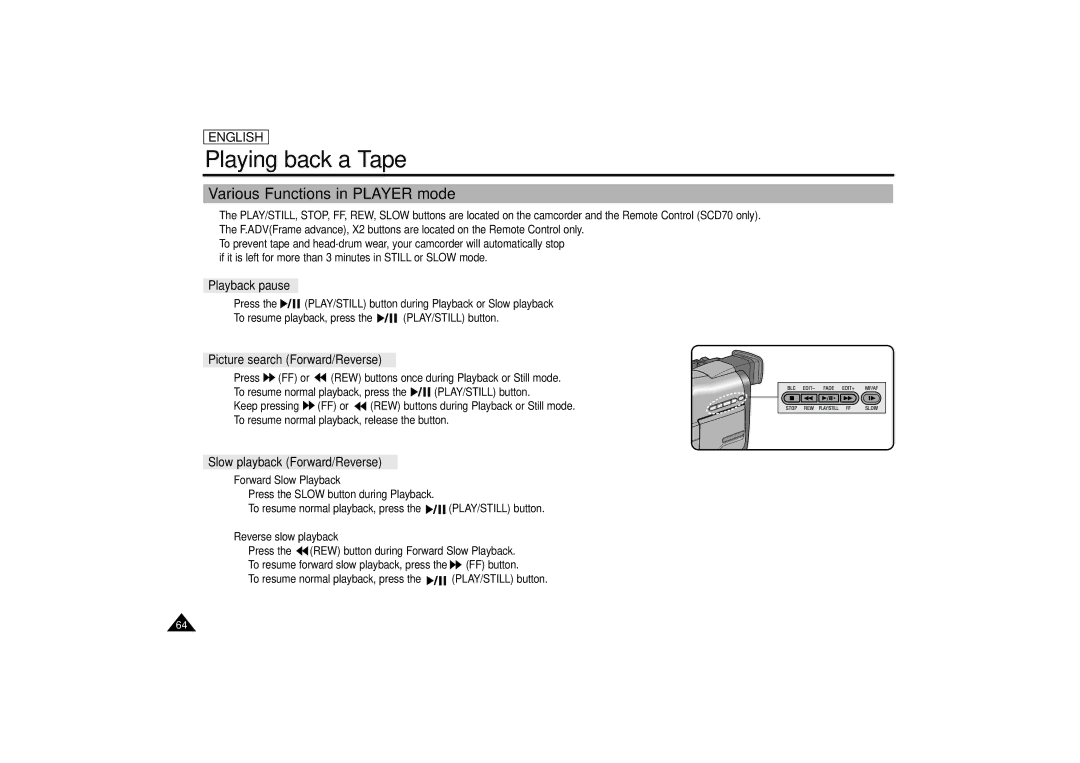 Samsung SCD67/D70 manual Various Functions in Player mode, Playback pause, Picture search Forward/Reverse 