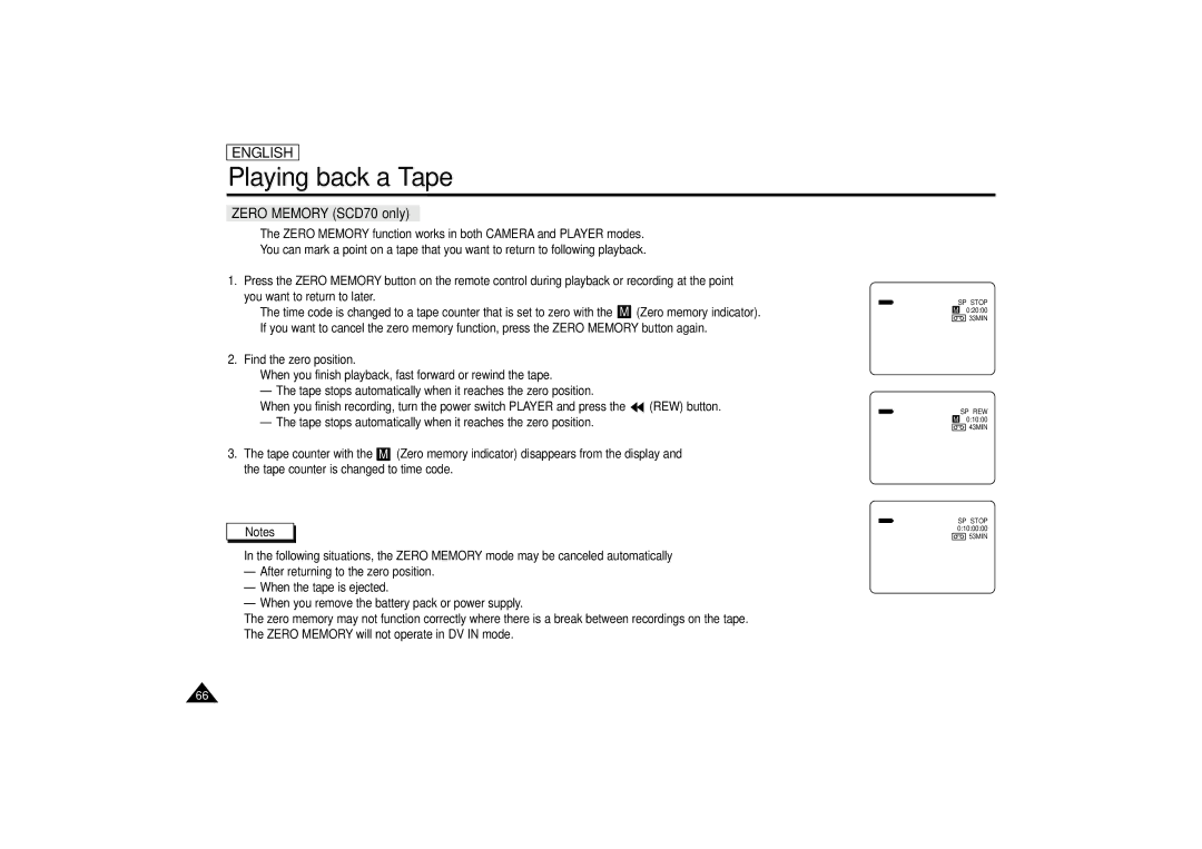 Samsung SCD67/D70 manual Zero Memory SCD70 only 