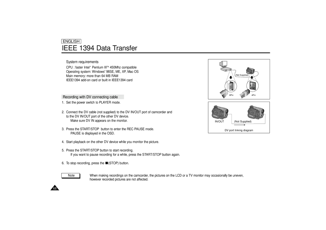 Samsung SCD67/D70 manual System requirements, Recording with DV connecting cable 