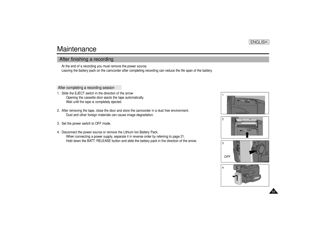 Samsung SCD67/D70 manual Maintenance, After finishing a recording, After completing a recording session, Off 
