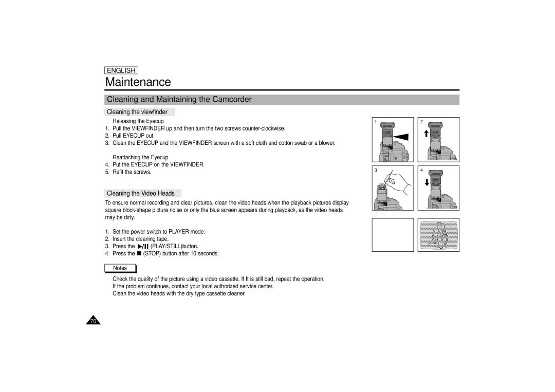 Samsung SCD67/D70 manual Cleaning and Maintaining the Camcorder, Cleaning the viewfinder, Cleaning the Video Heads 