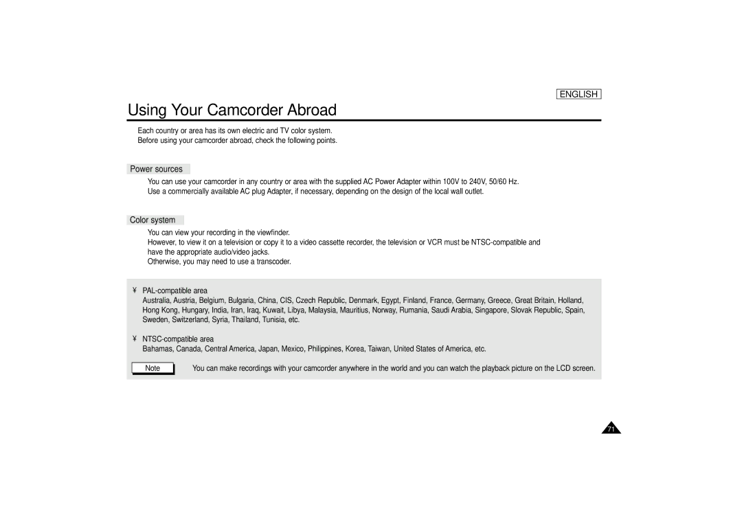Samsung SCD67/D70 Using Your Camcorder Abroad, Power sources, Color system, PAL-compatible area, NTSC-compatible area 