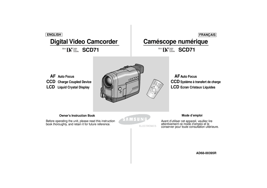 Samsung SCD71 manual Digital Video Camcorder Caméscope numérique 