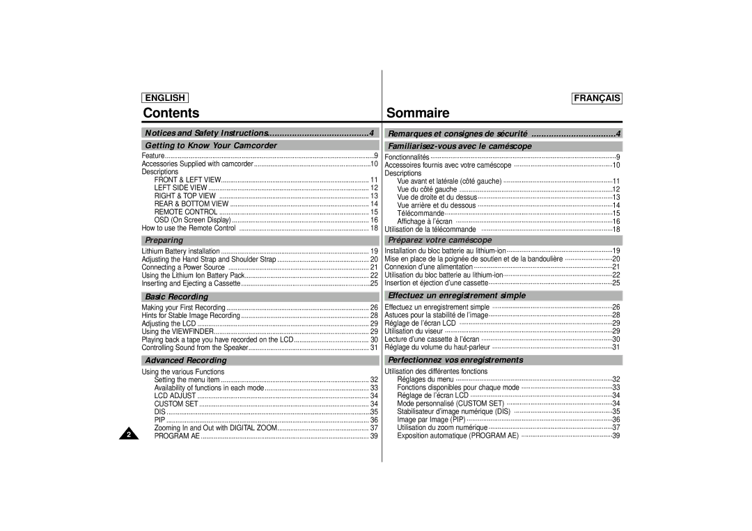 Samsung SCD71 manual Contents Sommaire 