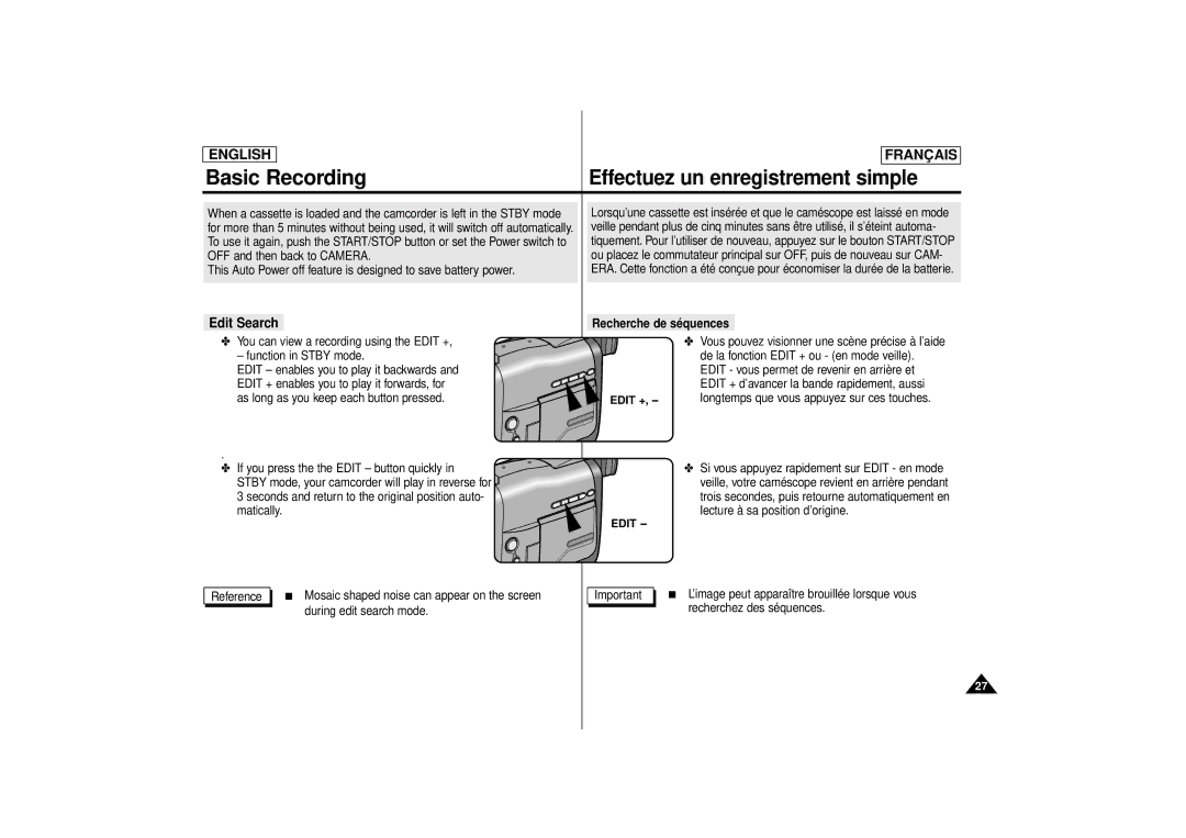 Samsung SCD71 manual Basic Recording, Edit Search, Recherche de séquences, Edit + 