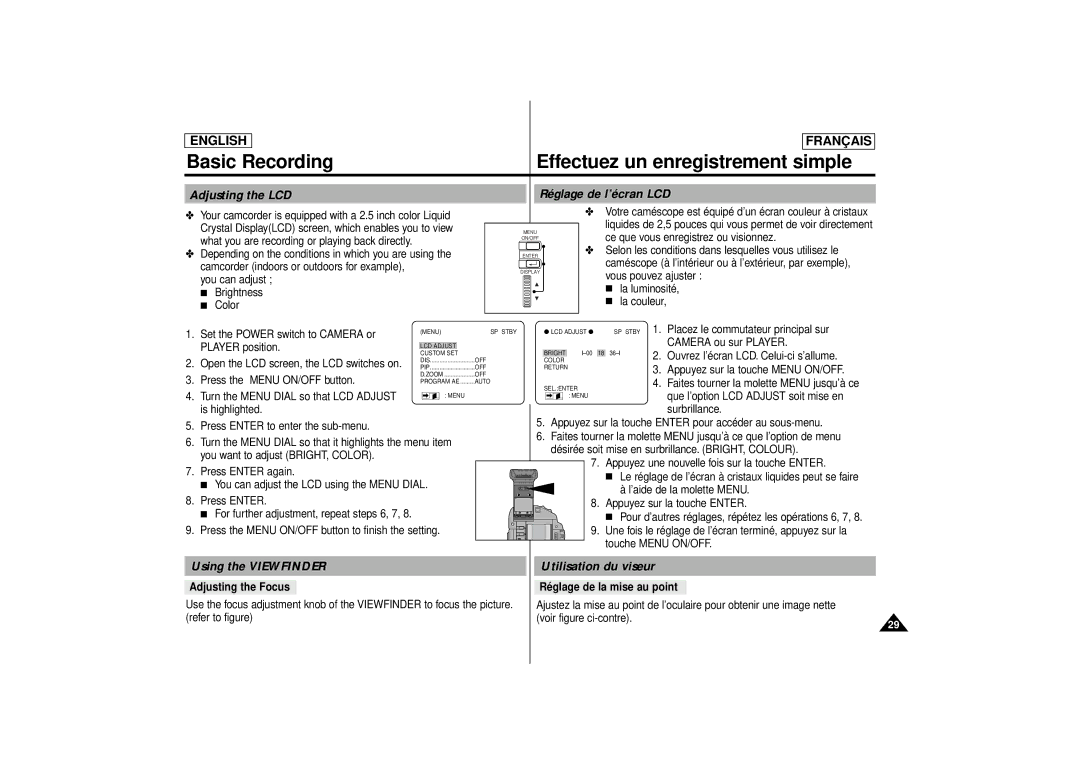 Samsung SCD71 manual Adjusting the LCD Réglage de l’écran LCD, Using the Viewfinder Utilisation du viseur 