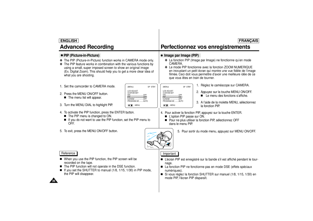 Samsung SCD71 manual PIP Picture-in-Picture Image par Image PIP 