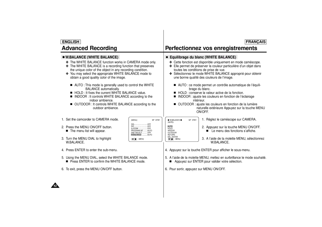 Samsung SCD71 manual Balance White Balance, Equilibrage du blanc White Balance, On/Off 