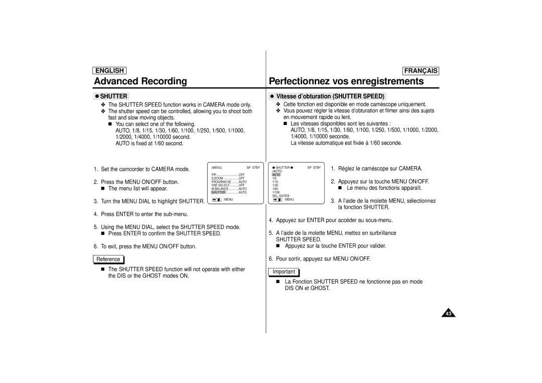 Samsung SCD71 manual Vitesse d’obturation Shutter Speed 