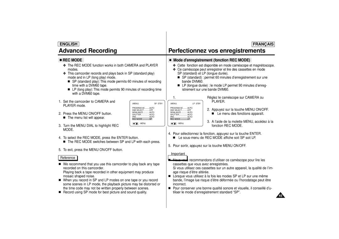 Samsung SCD71 manual Mode denregistrement fonction REC Mode, Player 