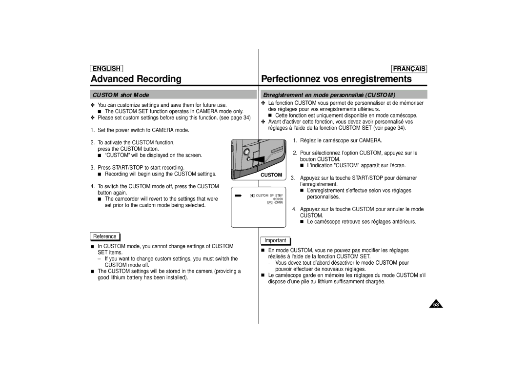 Samsung SCD71 manual Custom shot Mode Enregistrement en mode personnalisé Custom 