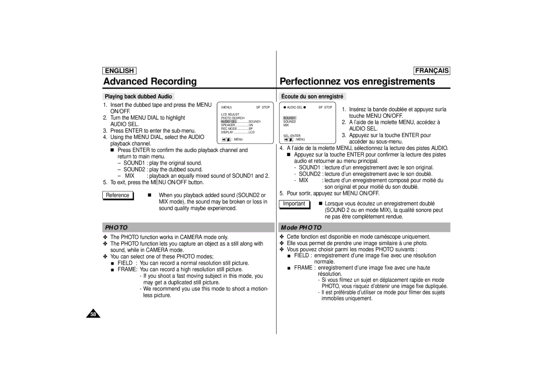 Samsung SCD71 manual Mode Photo, Playing back dubbed Audio, Audio SEL, Mix 