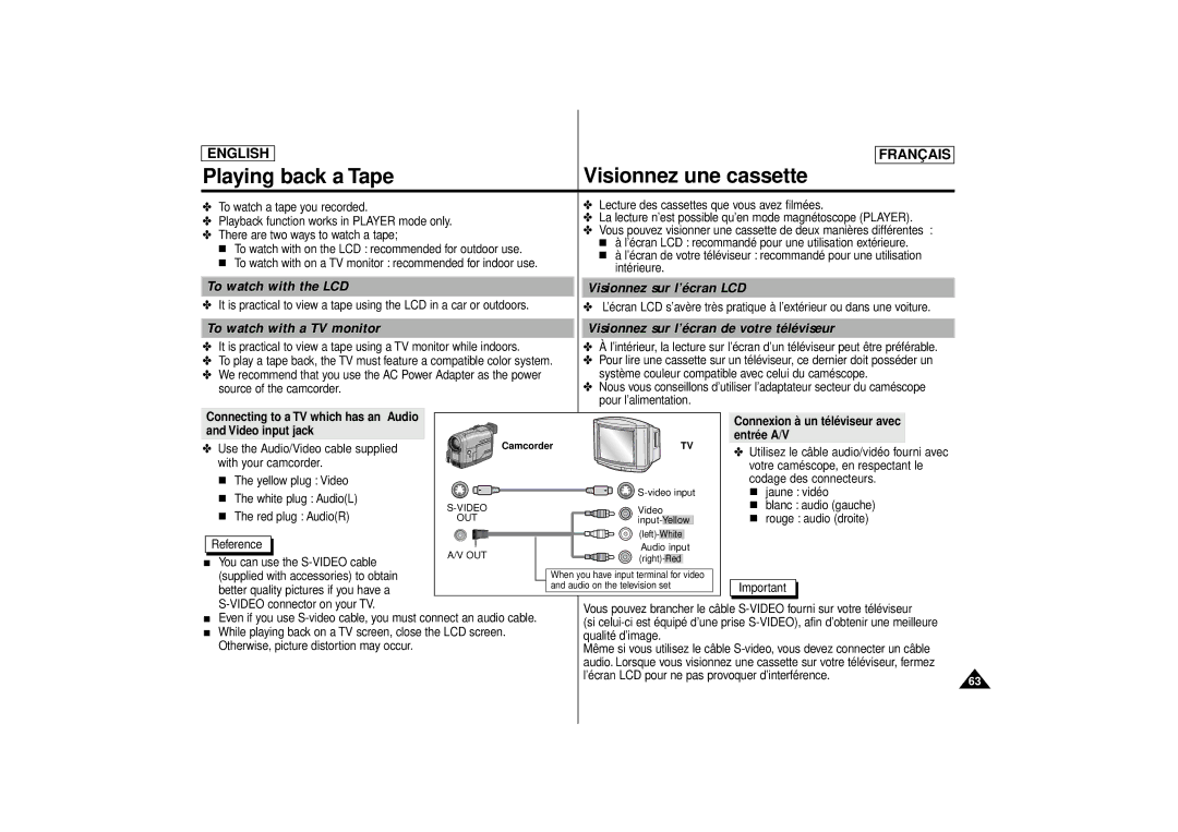 Samsung SCD71 manual Playing back a Tape Visionnez une cassette, To watch with the LCD Visionnez sur l’écran LCD 