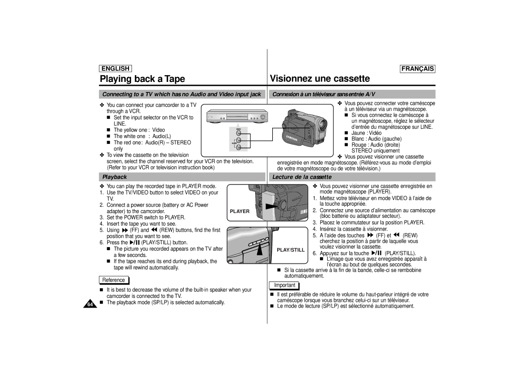 Samsung SCD71 manual Playback Lecture de la cassette, Line, Play/Still 