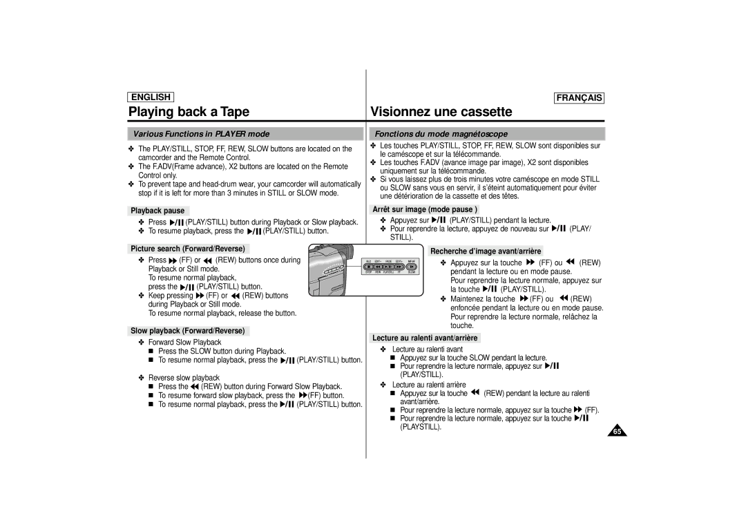 Samsung SCD71 manual Playback pause, Still, Slow playback Forward/Reverse, Playstill 