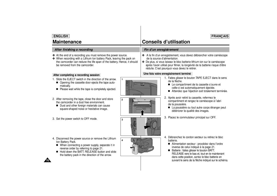 Samsung SCD71 manual Maintenance Conseils d’utilisation, After finishing a recording 