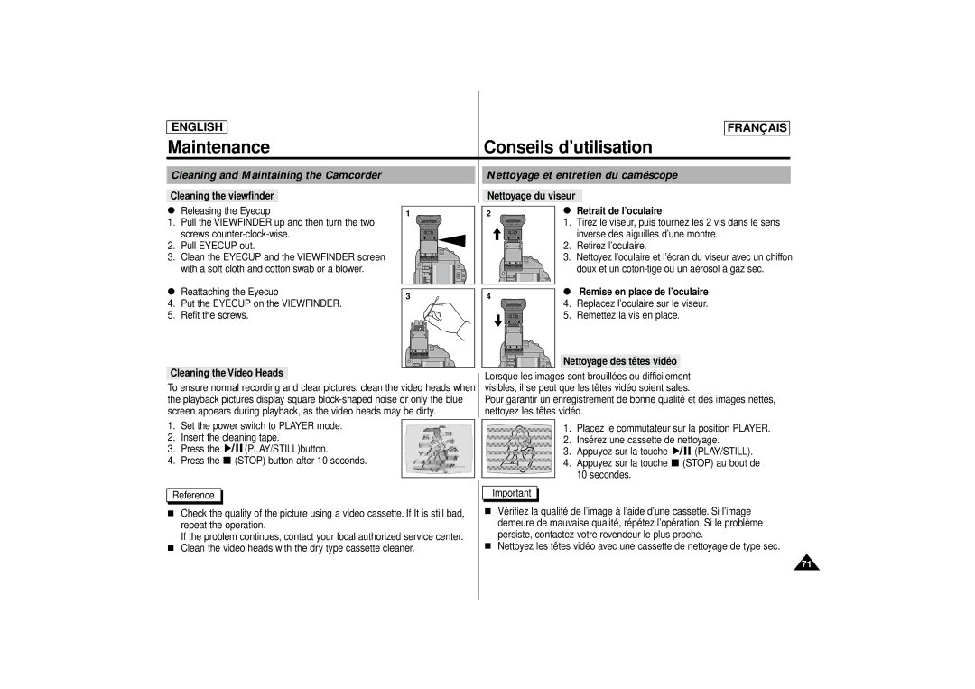 Samsung SCD71 manual Retrait de l’oculaire, Nettoyage des têtes vidéo Cleaning the Video Heads 