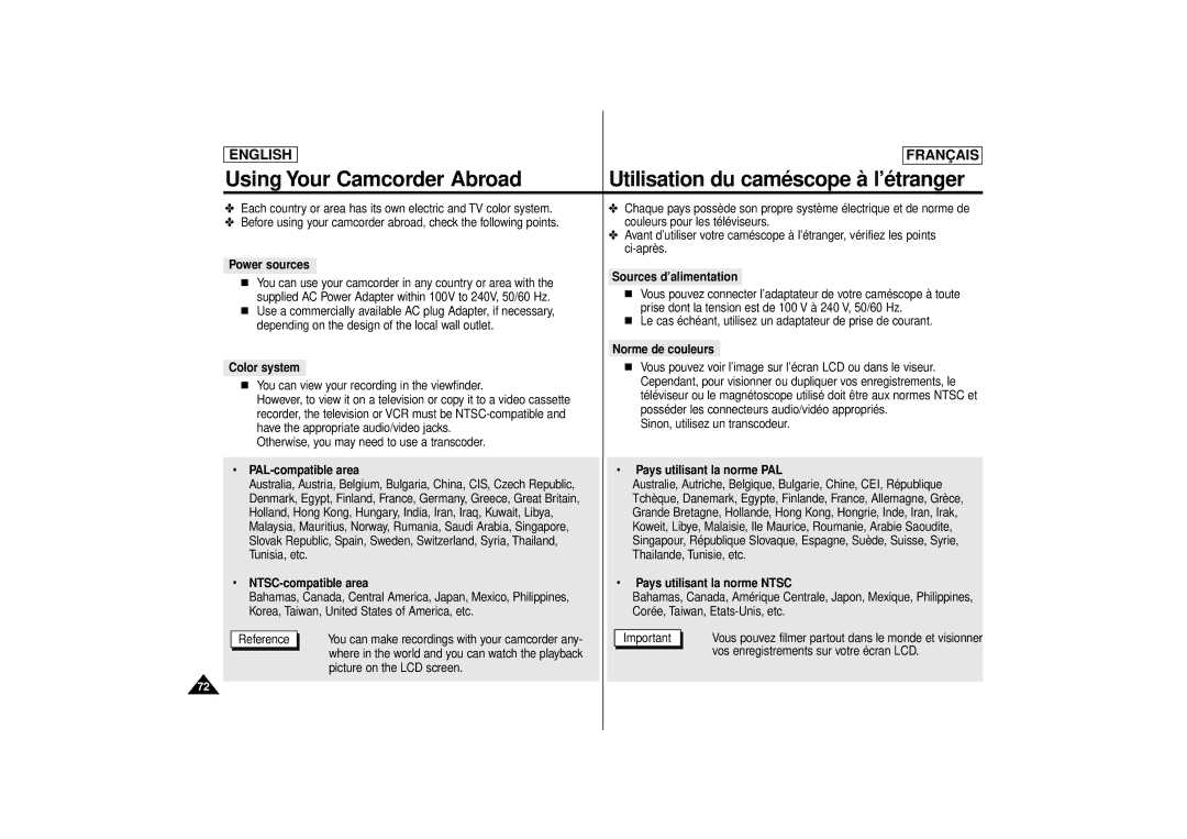 Samsung SCD71 manual PAL-compatible area Pays utilisant la norme PAL, NTSC-compatible area Pays utilisant la norme Ntsc 