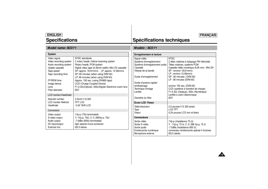 Samsung manual Specifications Spécifications techniques, Model name SCD71 Modèle SCD71 