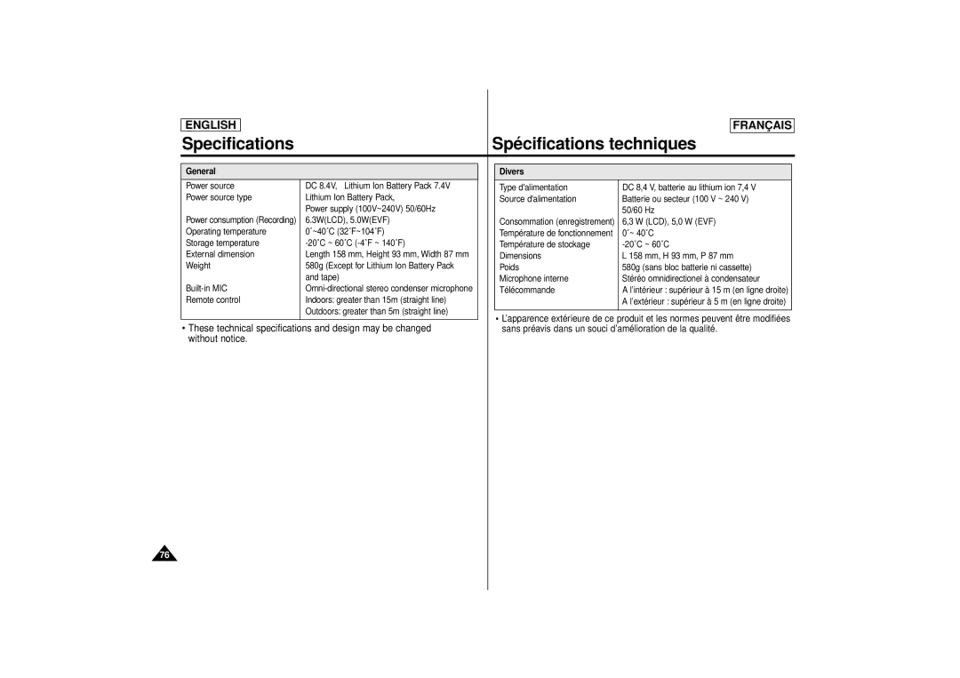 Samsung SCD71 manual These technical specifications and design may be changed 